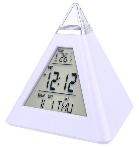 Ceas digital cu alarma, forma piramida, LED multicolor, 8 melodii, temperatura, ora si data