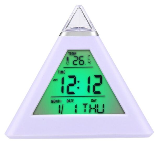 Ceas digital cu alarma, forma piramida, LED multicolor, 8 melodii, temperatura, ora si data