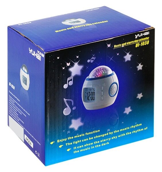 Ceas LED desteptator, proiector stele, calendar, termometru, 10 melodii, alb