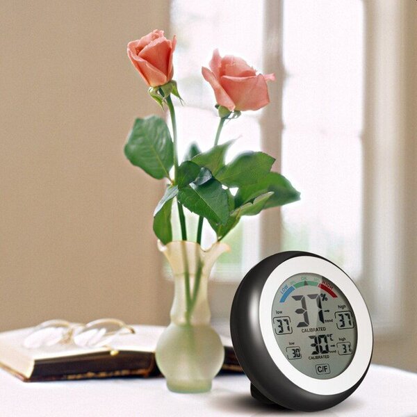 Termometru cu higrometru digital, display LCD, control touch, 9 cm, negru