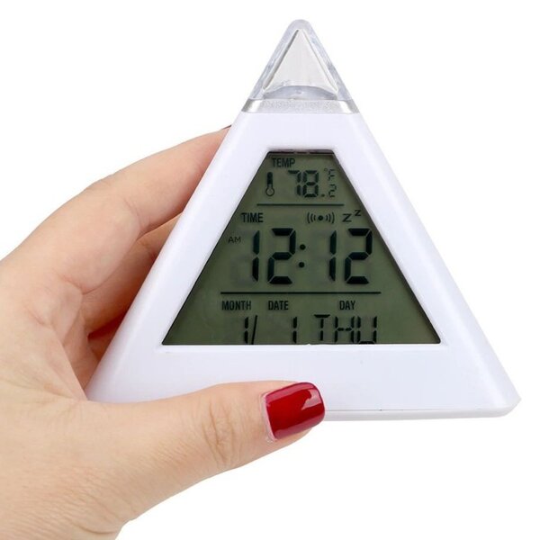 Ceas digital cu alarma, forma piramida, LED multicolor, 8 melodii, temperatura, ora si data