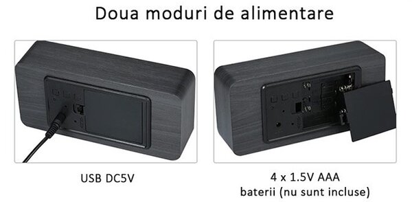 Ceas digital LED, ora, data, temperatura, alarma, alimentare duala, MDF