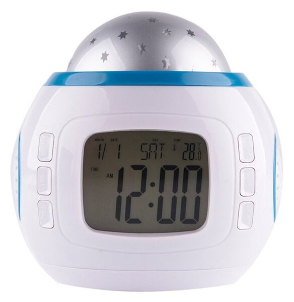 Ceas LED desteptator, proiector stele, calendar, termometru, 10 melodii, alb