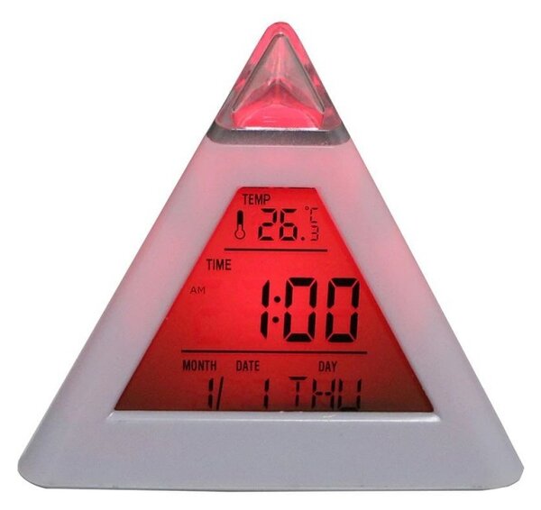 Ceas digital cu alarma, forma piramida, LED multicolor, 8 melodii, temperatura, ora si data