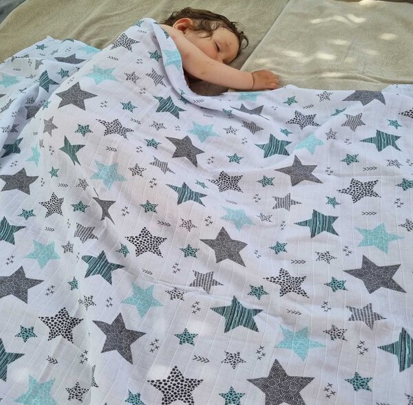 Muselina multifunctionala XXL 110x110 cm Kidizi All Mint Stars, 100% bumbac