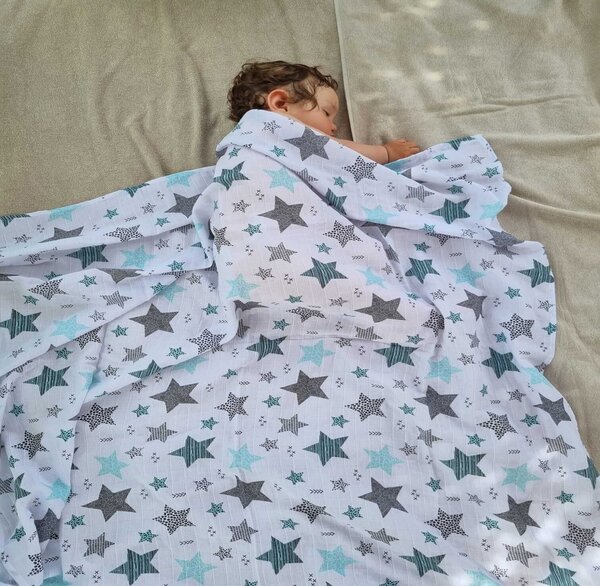 Muselina multifunctionala XXL 110x110 cm Kidizi All Mint Stars, 100% bumbac