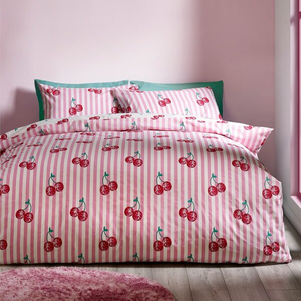 Lenjerie de pat albă-roz pentru pat dublu 200x200 cm Disco Cherries Stripes – Catherine Lansfield