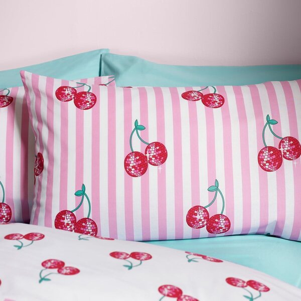 Lenjerie de pat albă-roz pentru pat dublu 200x200 cm Disco Cherries Stripes – Catherine Lansfield