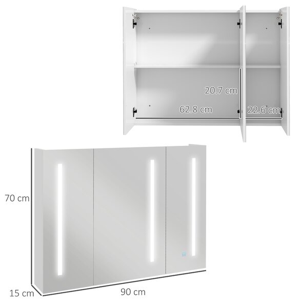 Kleankin Dulap cu Oglindă LED pentru Baie, USB, Raft Reglabil, 90x15x70cm, Alb Lucios | Aosom Romania