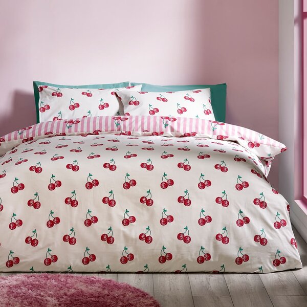 Lenjerie de pat albă-roz pentru pat dublu 200x200 cm Disco Cherries Stripes – Catherine Lansfield