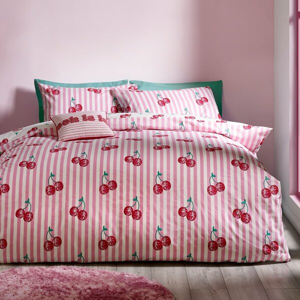 Lenjerie de pat albă-roz pentru pat dublu 200x200 cm Disco Cherries Stripes – Catherine Lansfield