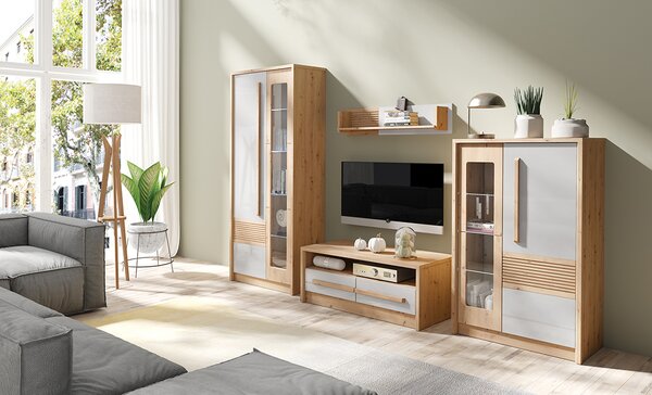 Living Bianco A, stejar artisan si alb, 4 piese, 300 x 194 x 53 cm