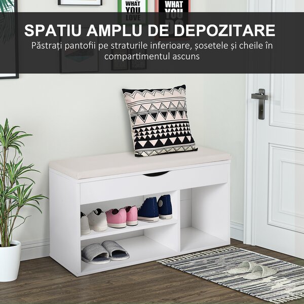 HOMCOM Bancă pentru Pantofi, soluție economisitoare de spațiu, cu șezut imblopat și capac rabatabil, pentru intrare, PAL, 80x30x47cm, Alb | Aosom Romania