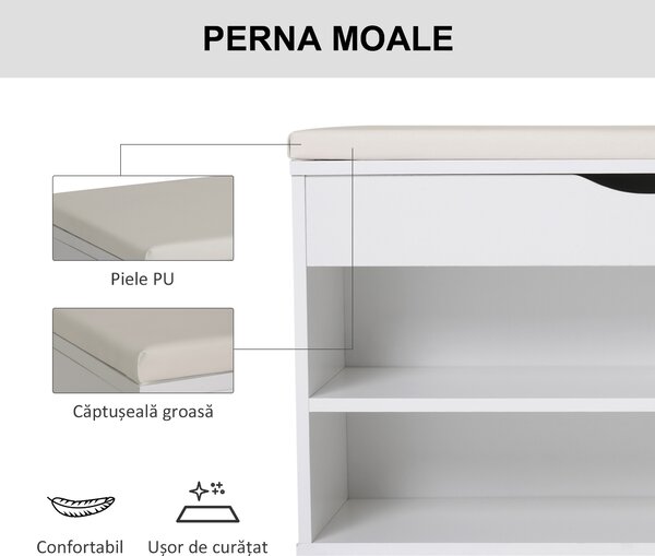 HOMCOM Bancă pentru Pantofi, soluție economisitoare de spațiu, cu șezut imblopat și capac rabatabil, pentru intrare, PAL, 80x30x47cm, Alb | Aosom Romania