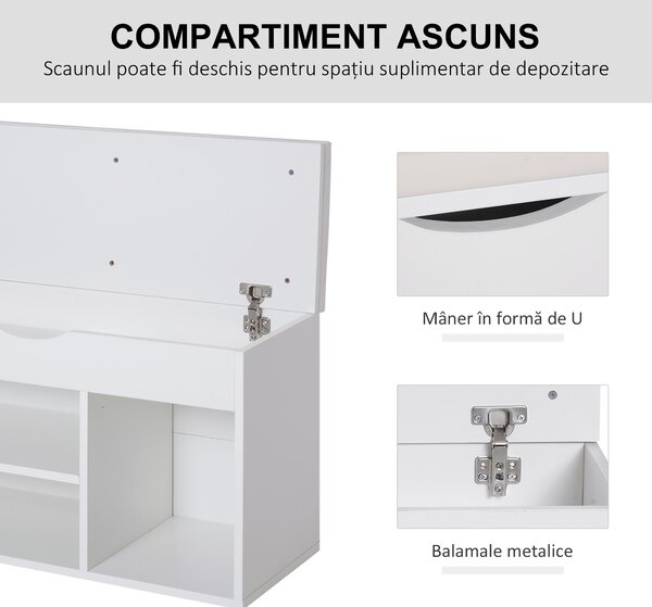 HOMCOM Bancă pentru Pantofi, soluție economisitoare de spațiu, cu șezut imblopat și capac rabatabil, pentru intrare, PAL, 80x30x47cm, Alb | Aosom Romania