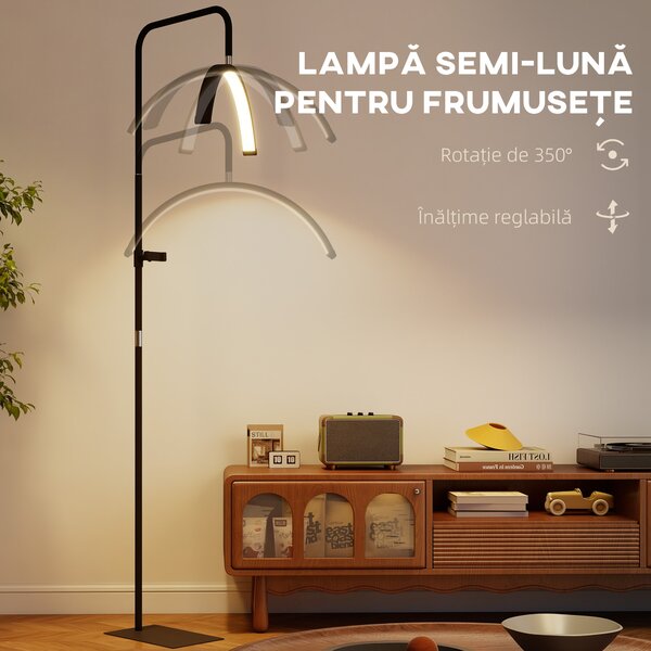 HOMCOM Lampă de Podea LED cu Cap Semilună, Înălțime și Temperatură de Culoare Reglabile, Telecomandă, Negru | Aosom Romania