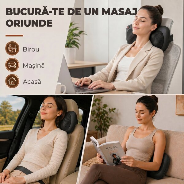 HOMCOM Pernă de Masaj Spate și Gât cu Încălzire și 4 Noduri Shiatsu, pentru Acasă, Birou, Mașină, Negru | Aosom Romania
