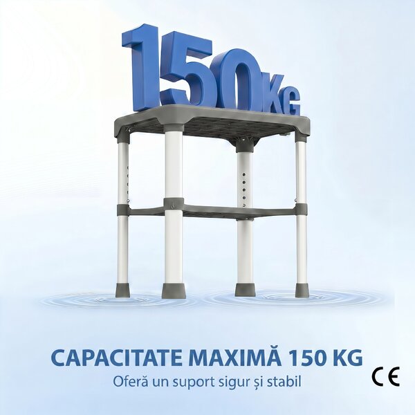 HOMCOM Scaun de Duș din Aluminiu cu Raft Integrat, Înălțime Reglabilă pe 5 Niveluri, Suport 150kg, Gri | Aosom Romania