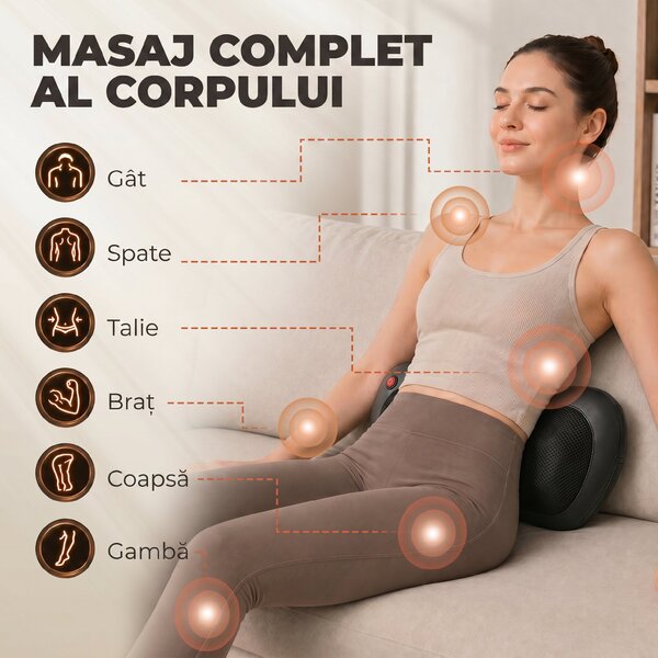 HOMCOM Pernă de Masaj Spate și Gât cu Încălzire și 4 Noduri Shiatsu, pentru Acasă, Birou, Mașină, Negru | Aosom Romania
