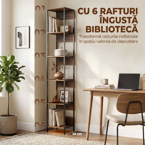 HOMCOM Bibliotecă cu 6 Rafturi, Finisaj Lemn Maro | Aosom Romania