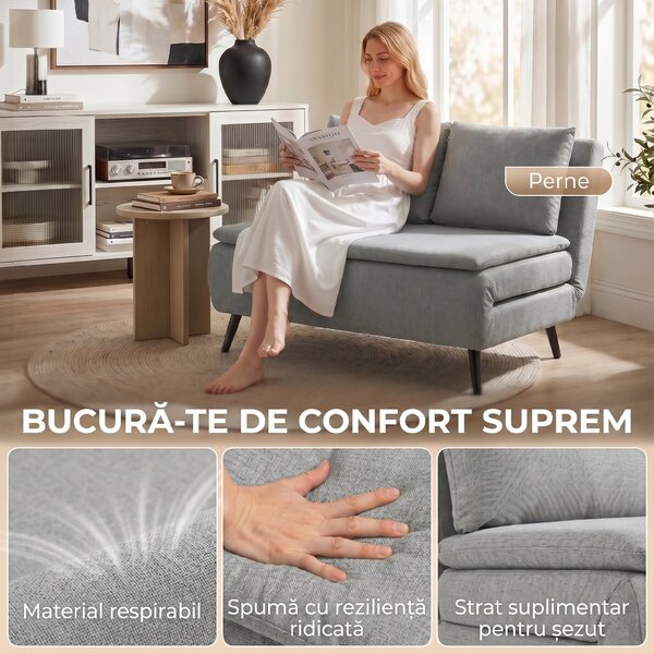HOMCOM Canapea Extensibilă 2 Persoane 3 în 1 din Material Tip In cu 2 Perne, Cadru din Eucalipt, Gri Deschis | Aosom Romania