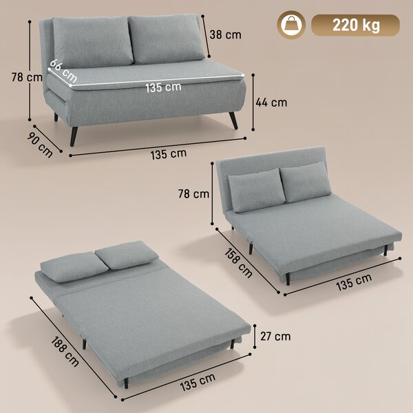 HOMCOM Canapea Extensibilă 2 Persoane 3 în 1 din Material Tip In cu 2 Perne, Cadru din Eucalipt, Gri Deschis | Aosom Romania