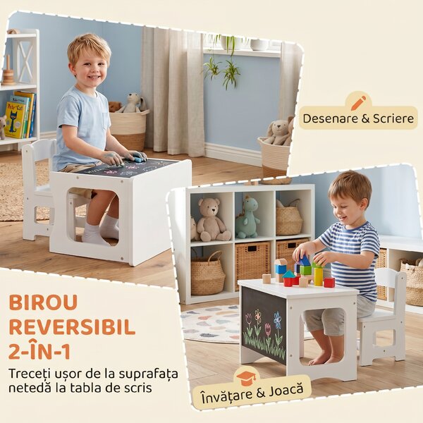 AIYAPLAY Set Masă și Scaun pentru Copii 3-6 Ani din Lemn cu Blat Reversibil, Colțuri Rotunjite, Alb | Aosom Romania