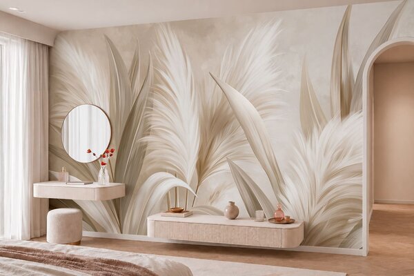 Tapet Frunze decorative de culoare pală și flori pufoase, Fototapet Natură, w05863 : Uwalls.ro
