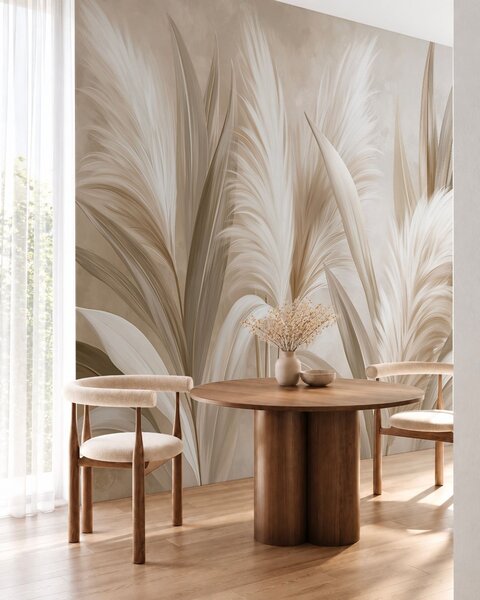 Tapet Frunze decorative de culoare pală și flori pufoase, Fototapet Natură, w05863 : Uwalls.ro