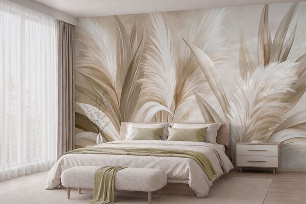 Tapet Frunze decorative de culoare pală și flori pufoase, Fototapet Natură, w05863 : Uwalls.ro