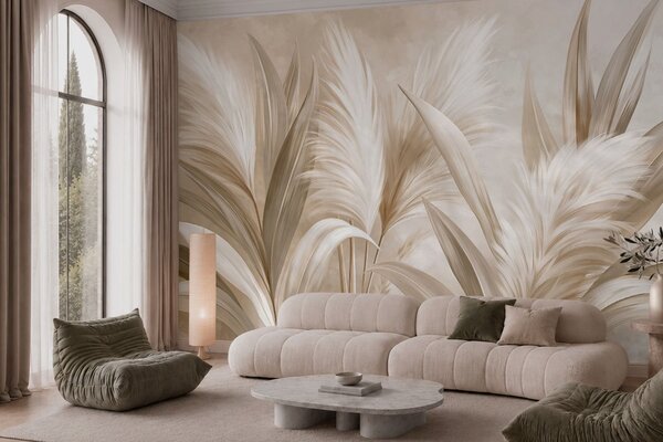 Tapet Frunze decorative de culoare pală și flori pufoase, Fototapet Natură, w05863 : Uwalls.ro