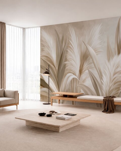 Tapet Frunze decorative de culoare pală și flori pufoase, Fototapet Natură, w05863 : Uwalls.ro