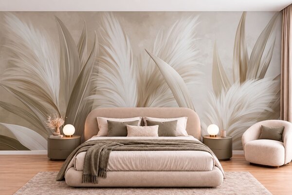 Tapet Frunze decorative de culoare pală și flori pufoase, Fototapet Natură, w05863 : Uwalls.ro
