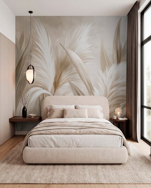 Tapet Frunze decorative de culoare pală și flori pufoase, Fototapet Natură, w05863 : Uwalls.ro