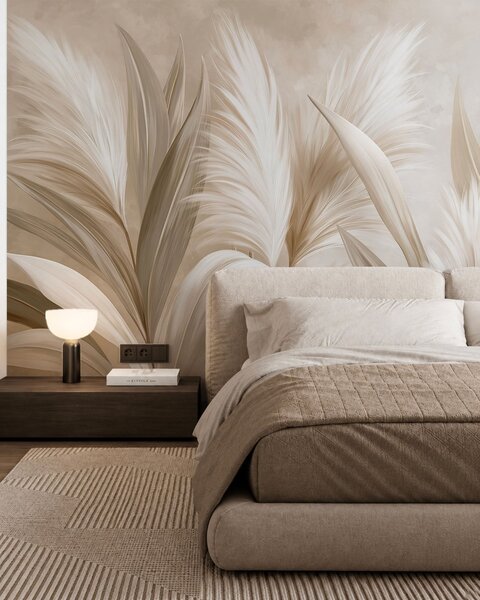 Tapet Frunze decorative de culoare pală și flori pufoase, Fototapet Natură, w05863 : Uwalls.ro