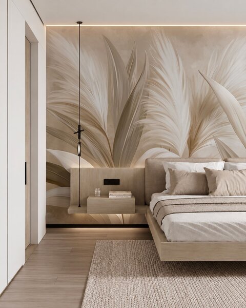 Tapet Frunze decorative de culoare pală și flori pufoase, Fototapet Natură, w05863 : Uwalls.ro