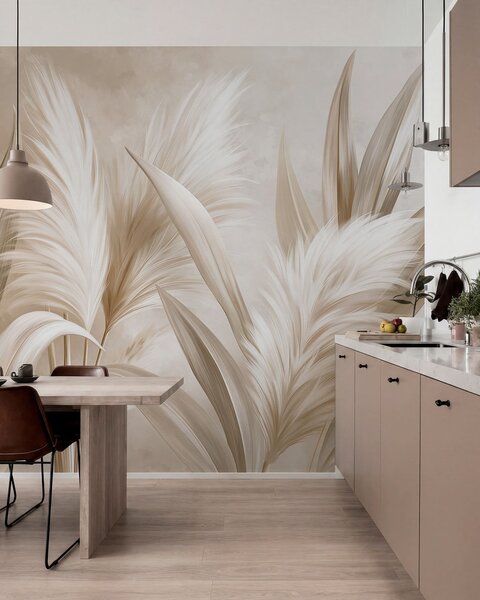 Tapet Frunze decorative de culoare pală și flori pufoase, Fototapet Natură, w05863 : Uwalls.ro