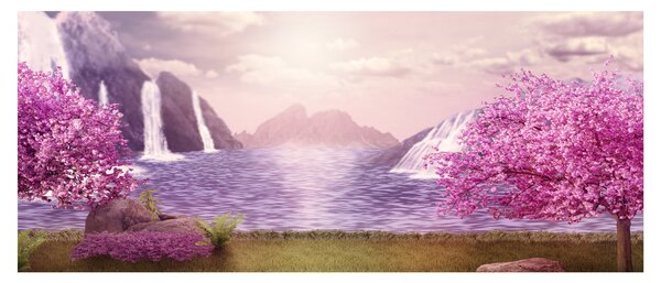 Tablou cu pomi roz cu lac (120x50 cm)