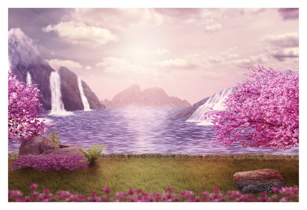 Tablou cu pomi roz cu lac (90x60 cm)