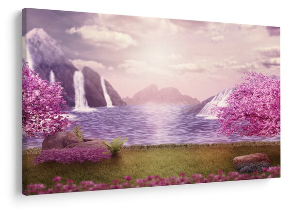 Tablou cu pomi roz cu lac (90x60 cm)