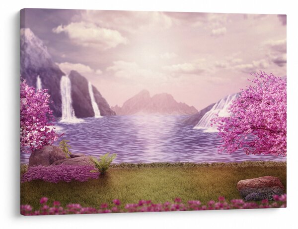 Tablou cu pomi roz cu lac (70x50 cm)