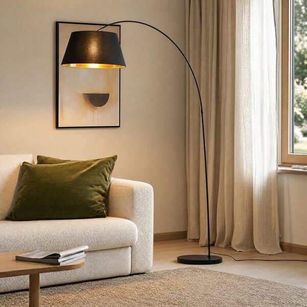 Lindby Esti lampadar, negru / auriu, tesatura, inaltime 192cm, Negru, Camera de zi / sufragerie, Țesătură / Textil, Modern
