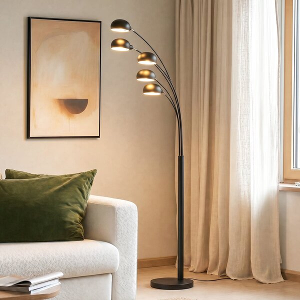 Lindby lampadar Jewa, negru, metal, 5 becuri, E14, Negru, Camera de zi / sufragerie, Metal, Modern, Arc în picioare