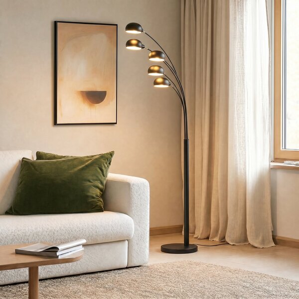 Lindby lampadar Jewa, negru, metal, 5 becuri, E14, Negru, Camera de zi / sufragerie, Metal, Modern, Arc în picioare