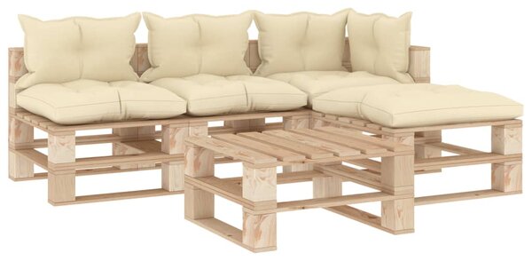Set mobilier de grădină din paleți cu perne crem, 5 piese, lemn