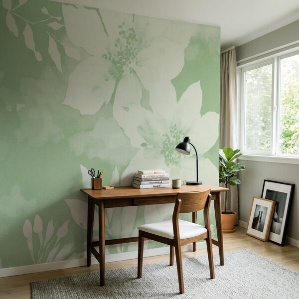 Fototapet Wall mural White flowers on a green background, Fototapet flori, Fototapet populare, t00995v5 - Tapeko.ro