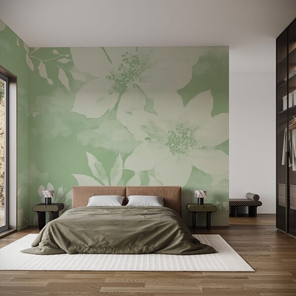 Fototapet Wall mural White flowers on a green background, Fototapet flori, Fototapet populare, t00995v5 - Tapeko.ro