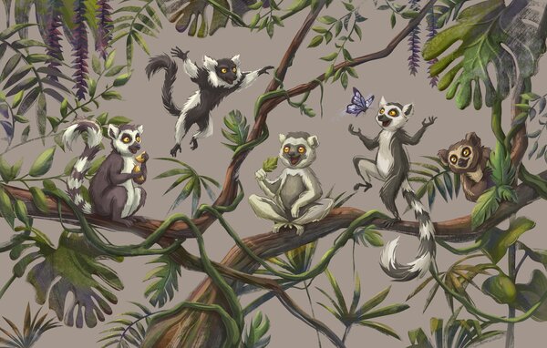 Fototapet Un grup de lemuri pe o ramură de copac, Fototapet animale, Fototapet populare, t00992 - Tapeko.ro