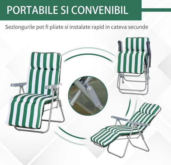 Outsunny Sezlong Gradina Pliabil ,Set 2 Scaune pentru Plajă cu Brațe Reclinabile, alb și verde | Aosom Romania