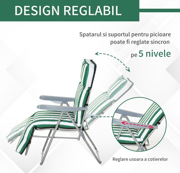 Outsunny Sezlong Gradina Pliabil ,Set 2 Scaune pentru Plajă cu Brațe Reclinabile, alb și verde | Aosom Romania